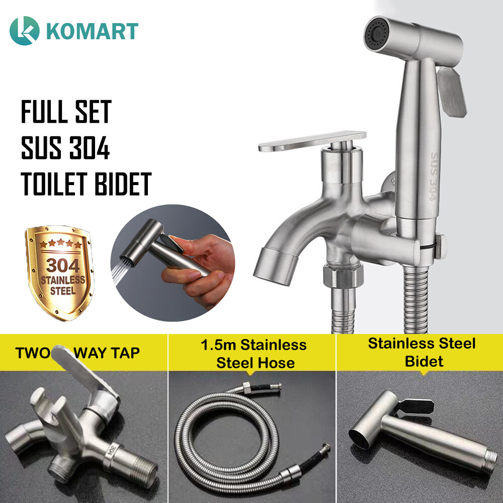 FULL SET SUS304 Stainless Steel Bathroom Toilet Two Way Water Bib Tap