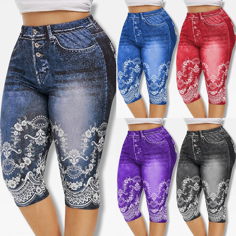 Quần Legging Nữ In Vải Denim 3D Giữa Quần Short Quần Thời Trang Ngoại Cỡ Mỏng Đàn Hồi Quần Cắt Quần
