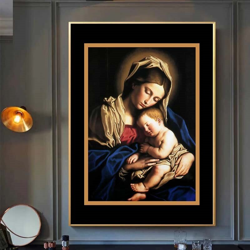 Virgin Mary Holding Jesus Canvas Oil Painting Catholic Icon Painting