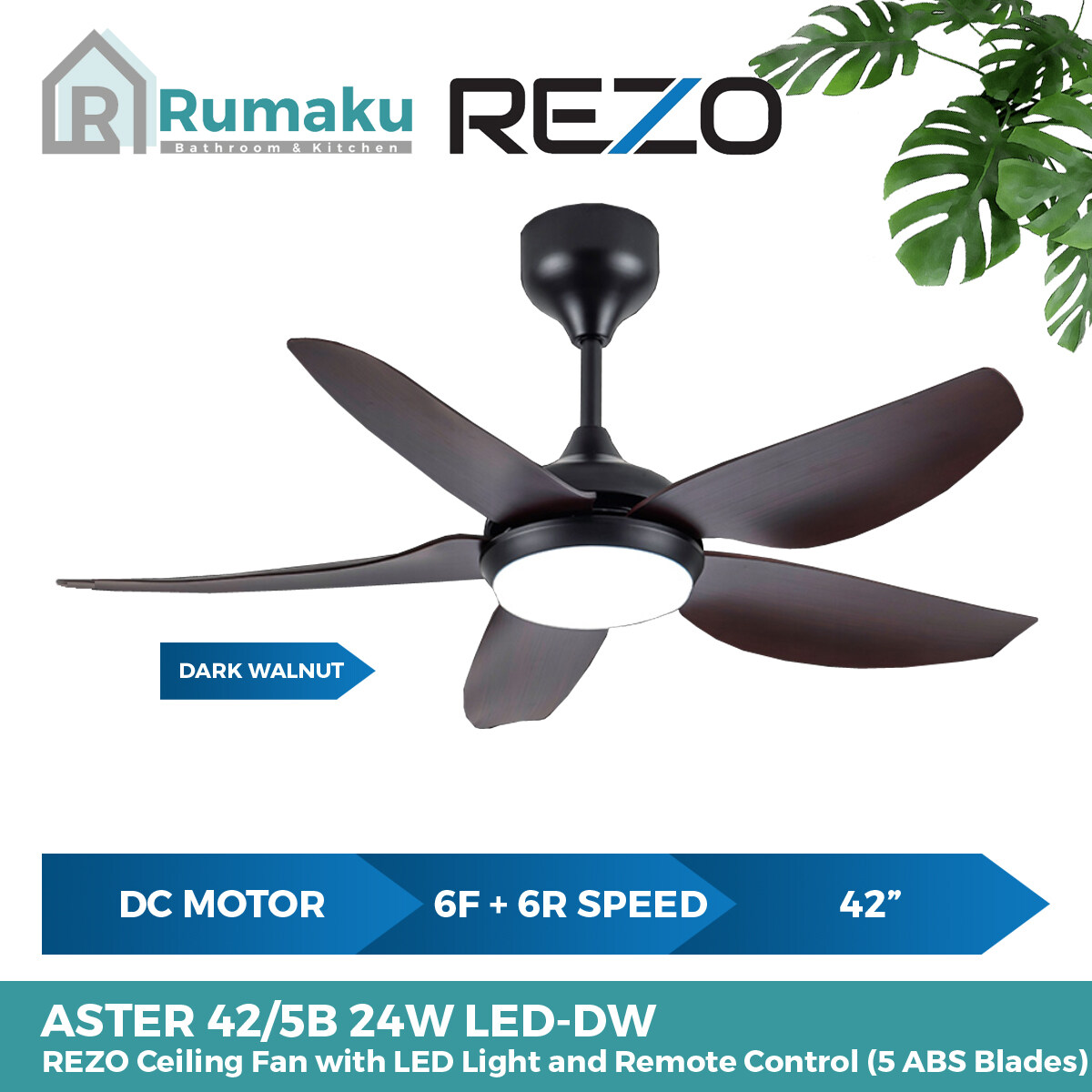 REZO ASTER 42 5B LED Ceiling Fan Remote Control DC Motor 12 Speed 5 ABS