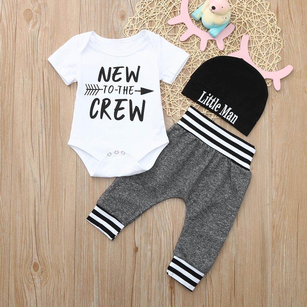 KATATA เด็กวัยหัดเดินเด็กแขนยาวตัวอักษร Romper Jumpsuit + กางเกง + หมวกแก๊ปชุด KATATA เด็กวัยหัดเดินเด็กแขนยาวตัวอักษร Romper Jumpsuit + กางเกง + หมวกแก๊ปชุด