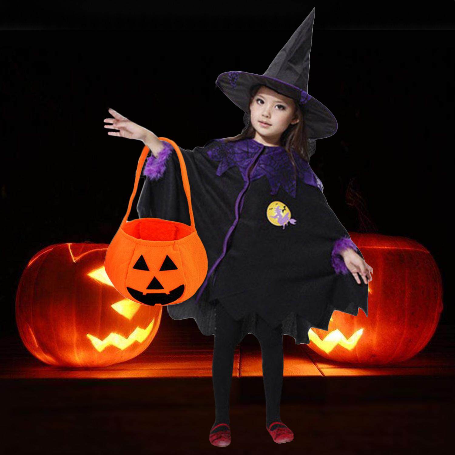 Kid Boys Girls Witch Costumes with Pumpkin Bag Cloak Cape Hat for Halloween Cosplay Role Play Stage Performance