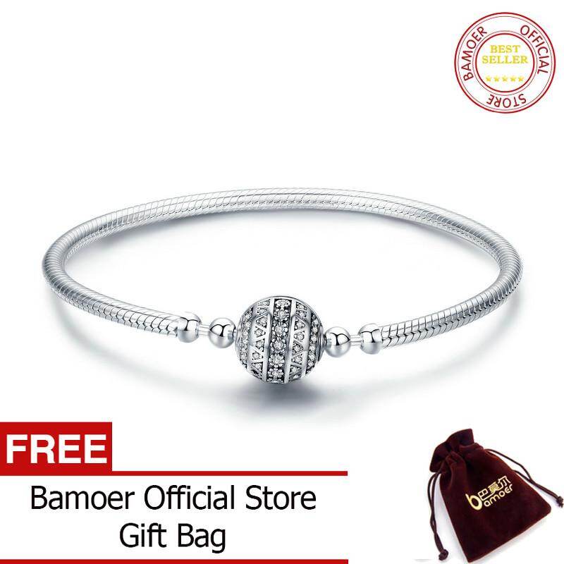 BAMOER Free Shpping Authentic 100% 925 Sterling Silver Dazzling Clear CZ Round Clasp Snake Chain Bracelet Sterling Silver Jewelry SCB062