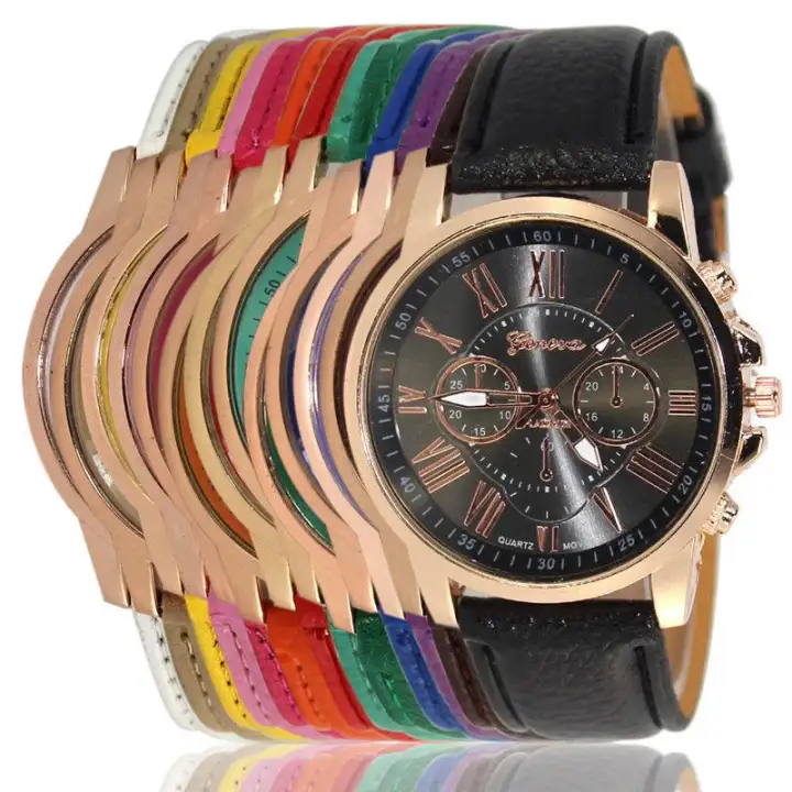 new fashion geneva women leather band stainless steel quartz analog wrist watch