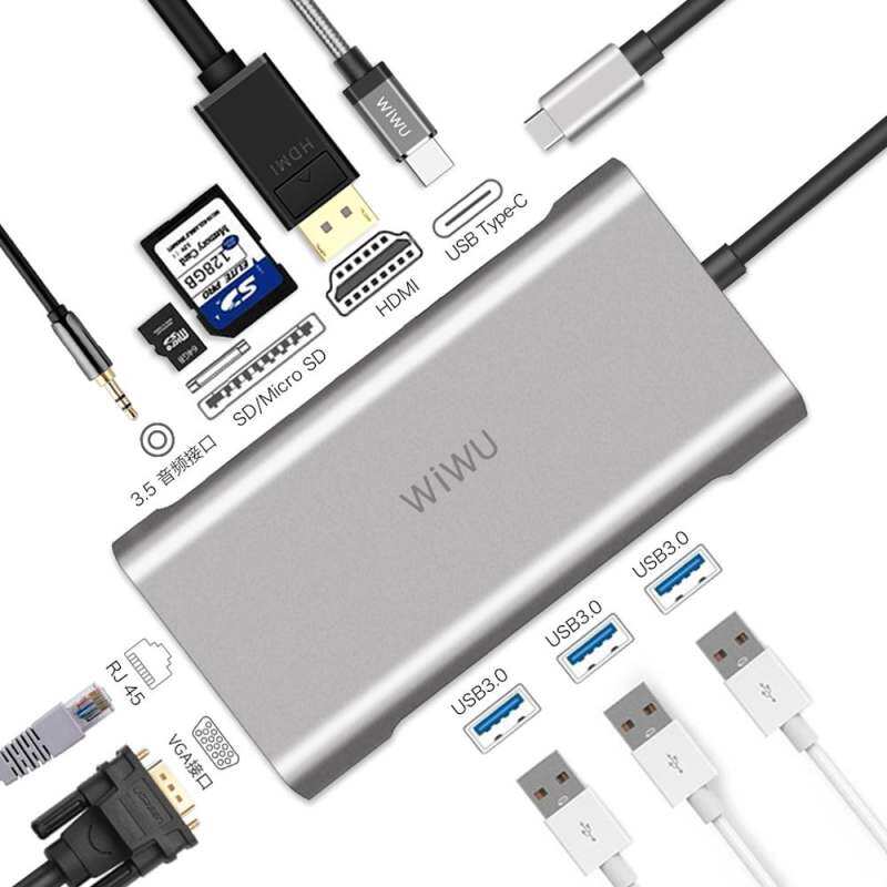 EverGreen WIWU 10 in 1 USB 3.0 Hub for MacBook Pro Air Multi function USB Type C 4K Video HDMI/RJ45 USB Hub 3.0 Adapter Charging Port Hubs(Grey)