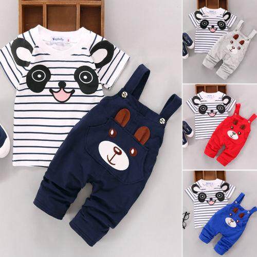 2PCS Set Newborn Infant Toddler Baby Boys Girls Casual Cute Clothes Bear T shirt Tops Bib Pants Outfits