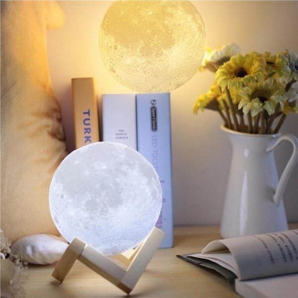 3D Moon Lamp LED Night Light Desk Top Lamp with Wooden Base and Touch Seneor 3 Color Changing USB Light 20cm