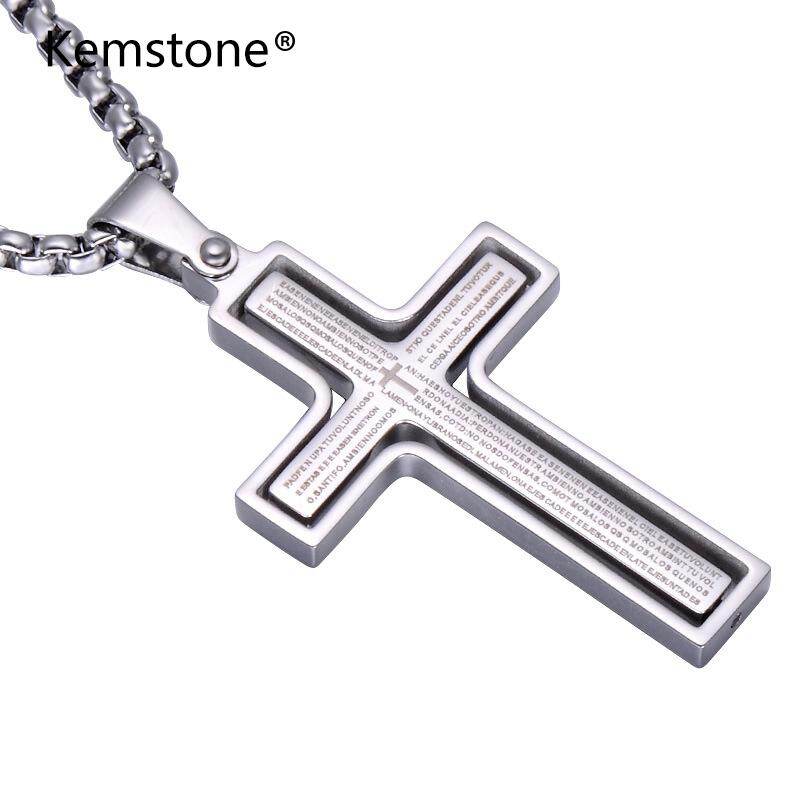 Kemstone Gold/Silver/Black/Blue Gold Plated Stainless Steel Cross Bible Verse Pendant Necklace Jewelry for Men