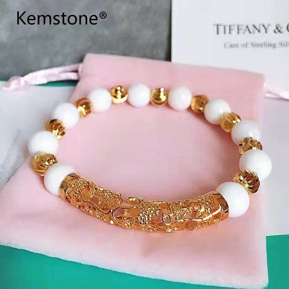 Kemstone Beautiful Brass 18K Alluvial Gold Plated Black/Red/Green Agate White Shell Brave Troops Couple Strand Bracelets Jewelry Gifts For Men Women Friends