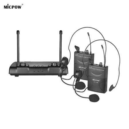 MICPOW W-10 VHF Dual Channel Wireless Microphone Mic System with 2 Headset Microphones + 2 Bodypack Transmitters + 1 Receiver for Business Meeting Public Speech Classroom Teaching