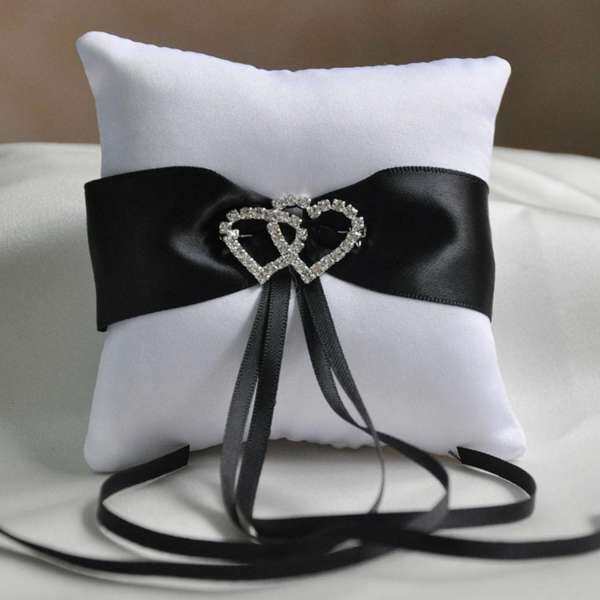 Lovely Rhinestone Decor Bridal Wedding Ring Bearer Holder Pillow Cushion with Black Satin Ribbons 15 x 15cm - intl