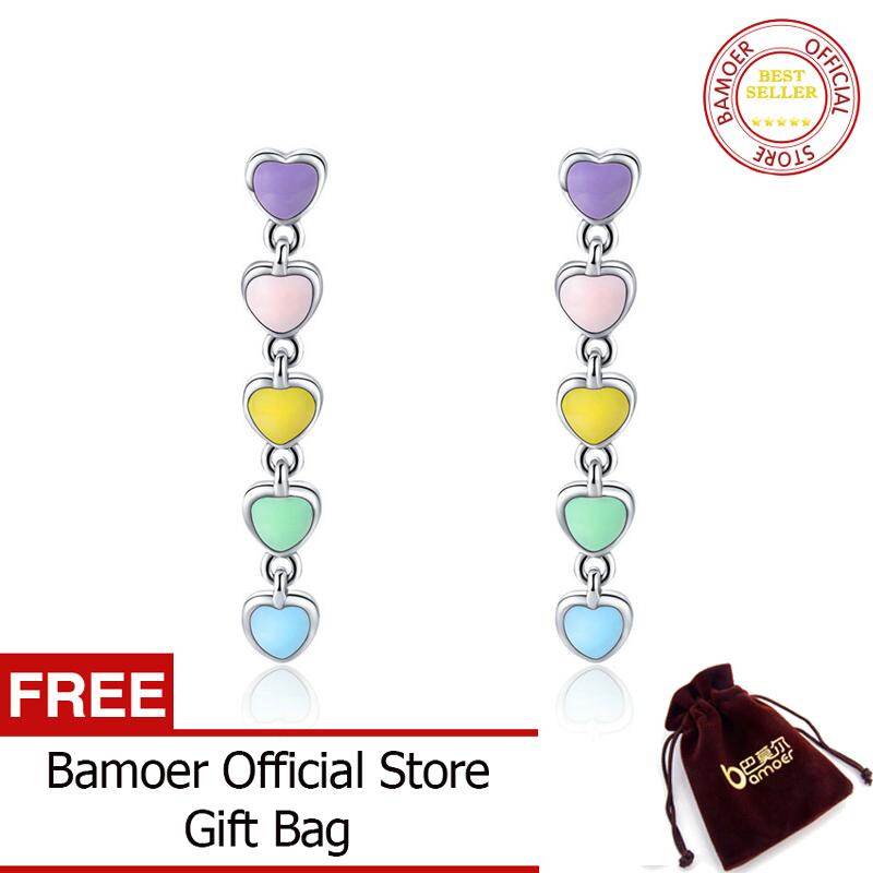 BAMOER Free Shpping October Romantic Genuine 925 Sterling Silver Rainbow Heart Enamel Drop Earrings for Women Fashion Sterling Silver Jewelry SCE451