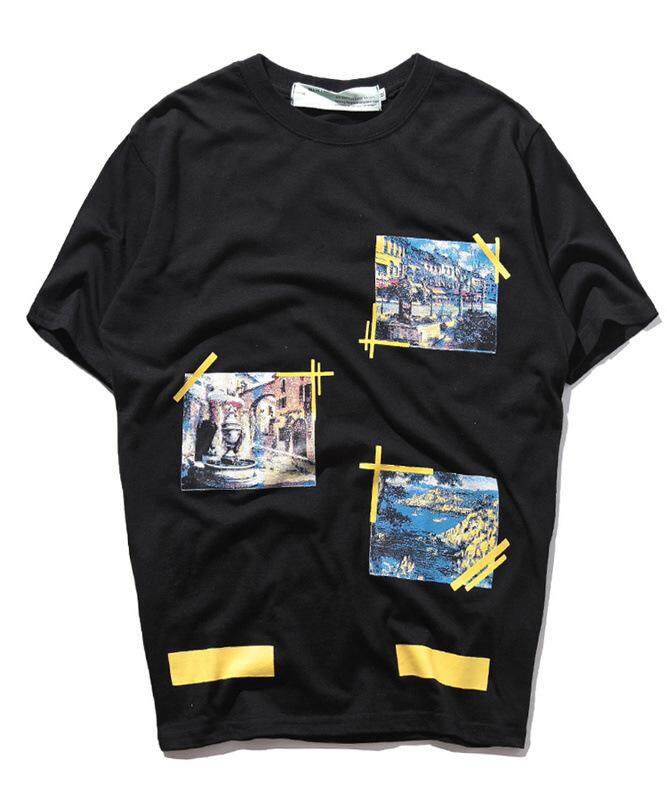 อเมริกาน้ำยี่ห้อ OW ศาสนาน้ำมันพิมพ์ Hip - Hop O - Neck แขนสั้นเสื้อยืดที่เหมาะกับชายและหญิง เสื้อยืด