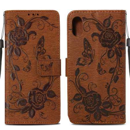 สำหรับ iPhone XS MAX ผีเสื้อลาย PU หนังกระเป๋ากรณีที่มีฟังก์ชั่นขาตั้ง Flip และการ์ดเคสคลุมเครื่องเจาะรูสีชมพู