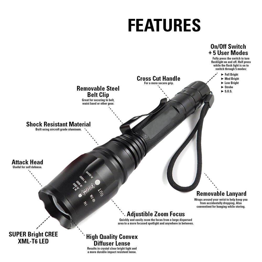 X800 Flashlight LED CREE XM-L2 Tactical Zoom 2 18650