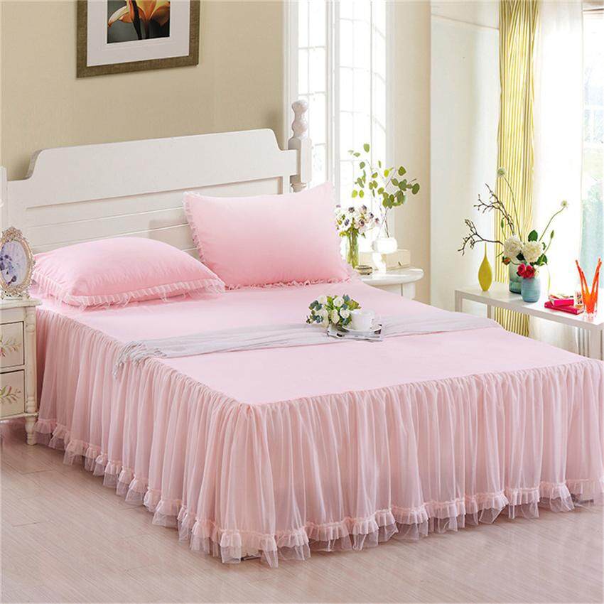 New Bed Skirts Pink Embroidey Lace Bedspread Bed Sheet for Wedding Twin Full Queen King Size Princess Bed Cover - intl