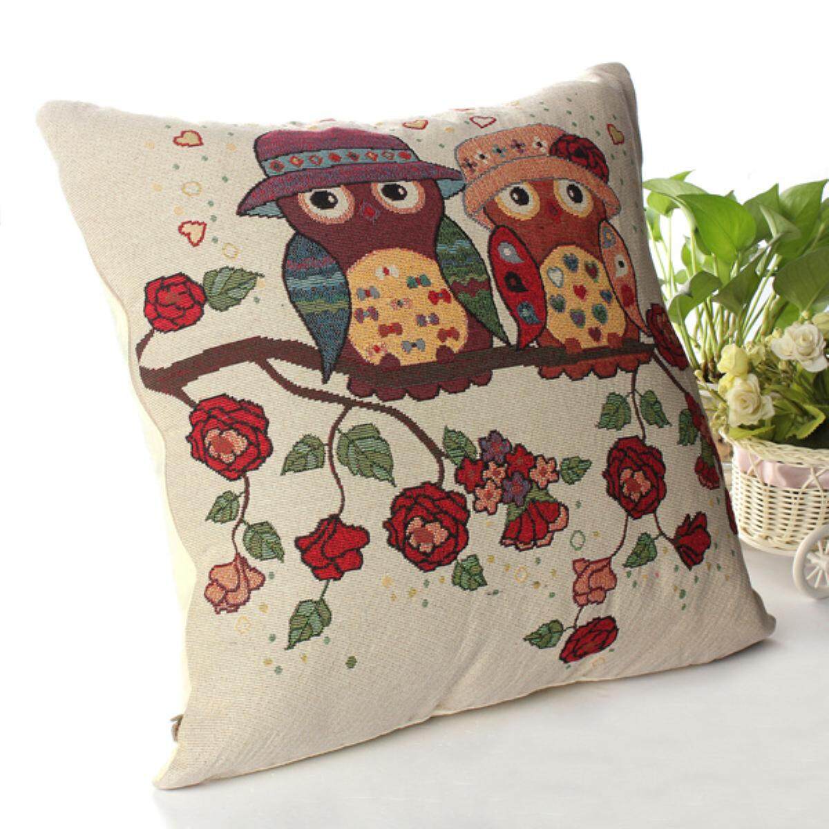 Cotton Linen Owl Bird Pillow Case Home Room Decor Back Throw Sofa Cushion Cover#Two Hat Owls