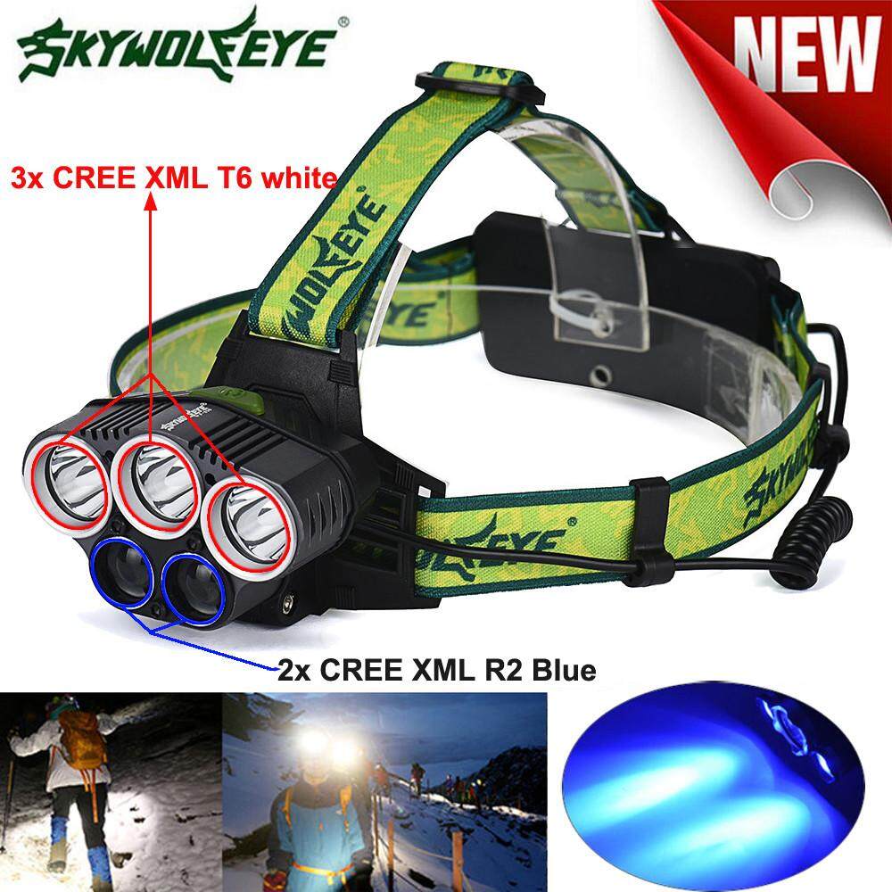 3x XM-L T6 White+2x R2 Blue LED 18650 Headlamp Headlight Torch Flashlight Lamp