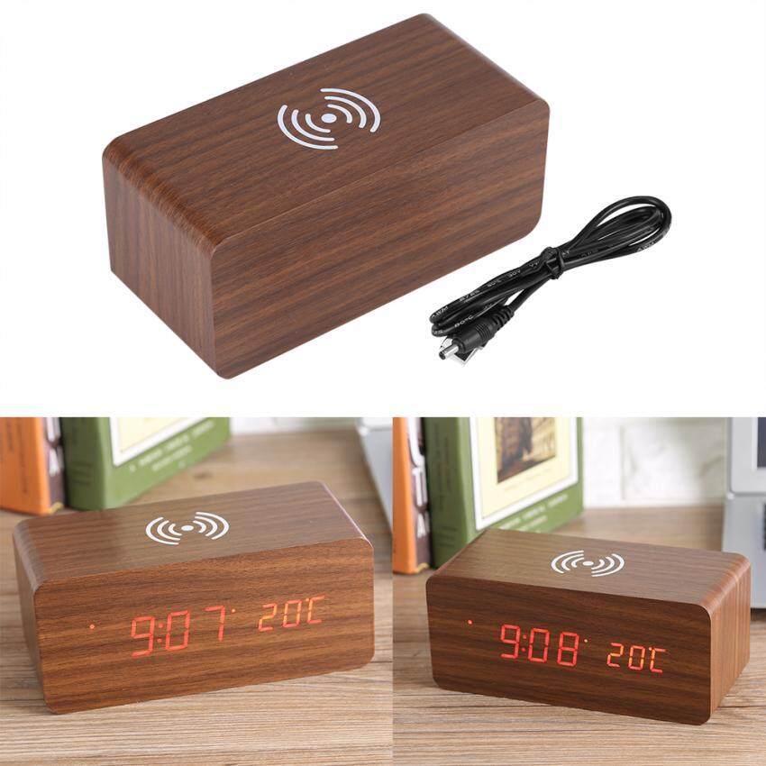 epayst  Wooden Digital Alarm Clock Voice Control Temperature Wireless Charger for Phone (Brown)