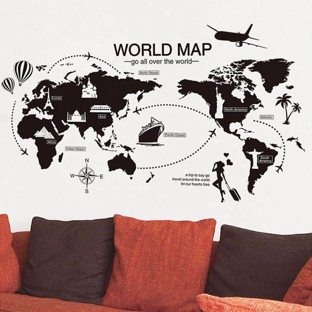 World Map Building Airplane DIY Wall Decal Stickers PVC Murals Wallpaper Environmentally Removable Wall Art Bedroom Living Room Kids Baby Bathroom Window Car Home Decor