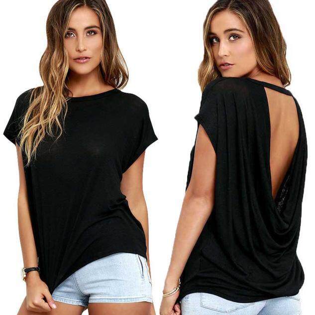 ผู้หญิงแขน Batwing หลวมเสื้อสตรีเปิดหลังเสื้อลำลองเสื้อยืด BK/L - INTL เสื้อยืด