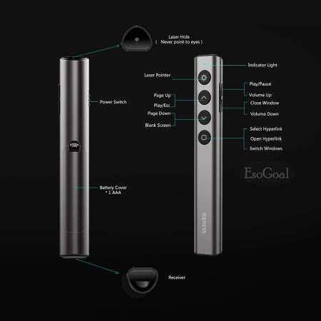 EsoGoal รีโมทพรีเซนต์ไร้สายพร้อมเลเซอร์ Laser Pointers Powerful 2.4GHZ USB Wireless Presenter Remote Control Pointer PowerPoint Clicker Pen for PPT Presentation