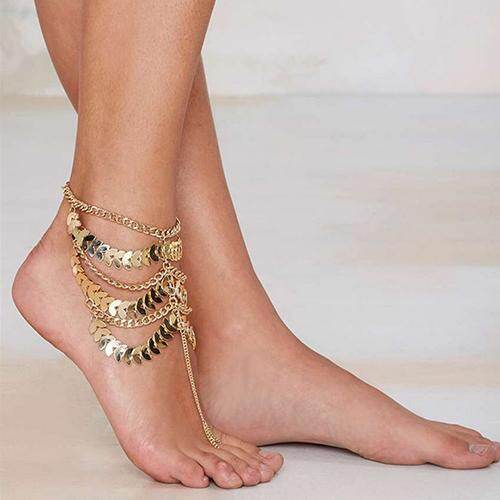 Gravitational wave Tassel Ankle Bracelet Multi-Layer Anklet Golden Leaves Chain Toe Ring Barefoot