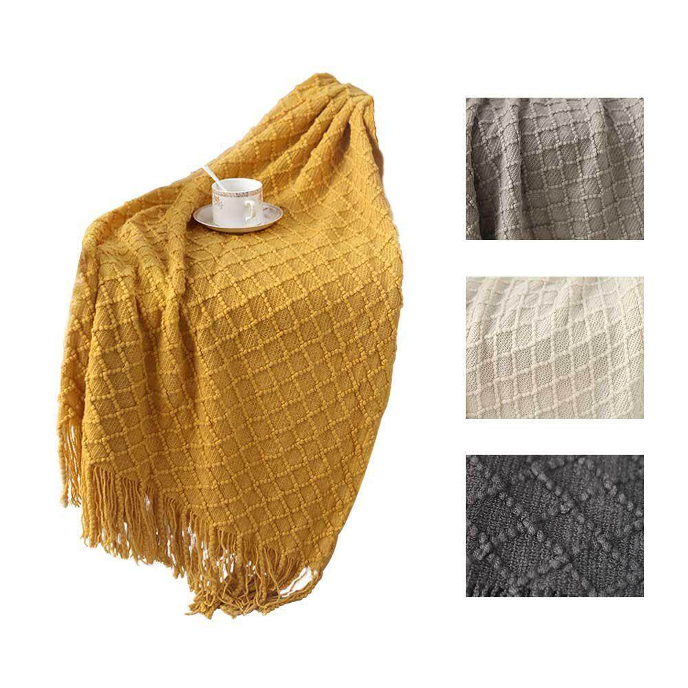 leegoal Cotton Square Knit Throw Blanket For Couch Chairs Beach Sofa Decorative,Lattice Sofa Yellow Blanket Air Conditioning Blanket