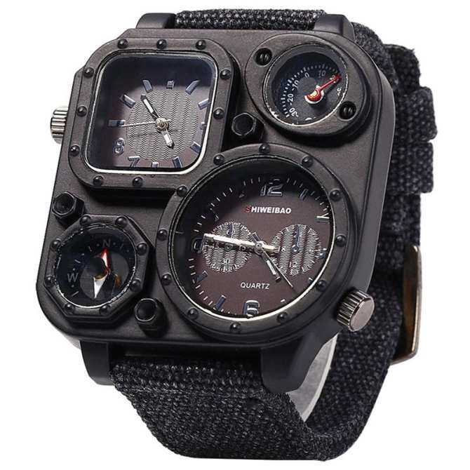 Shiweibao men dual time zone quartz wrist watch with compass