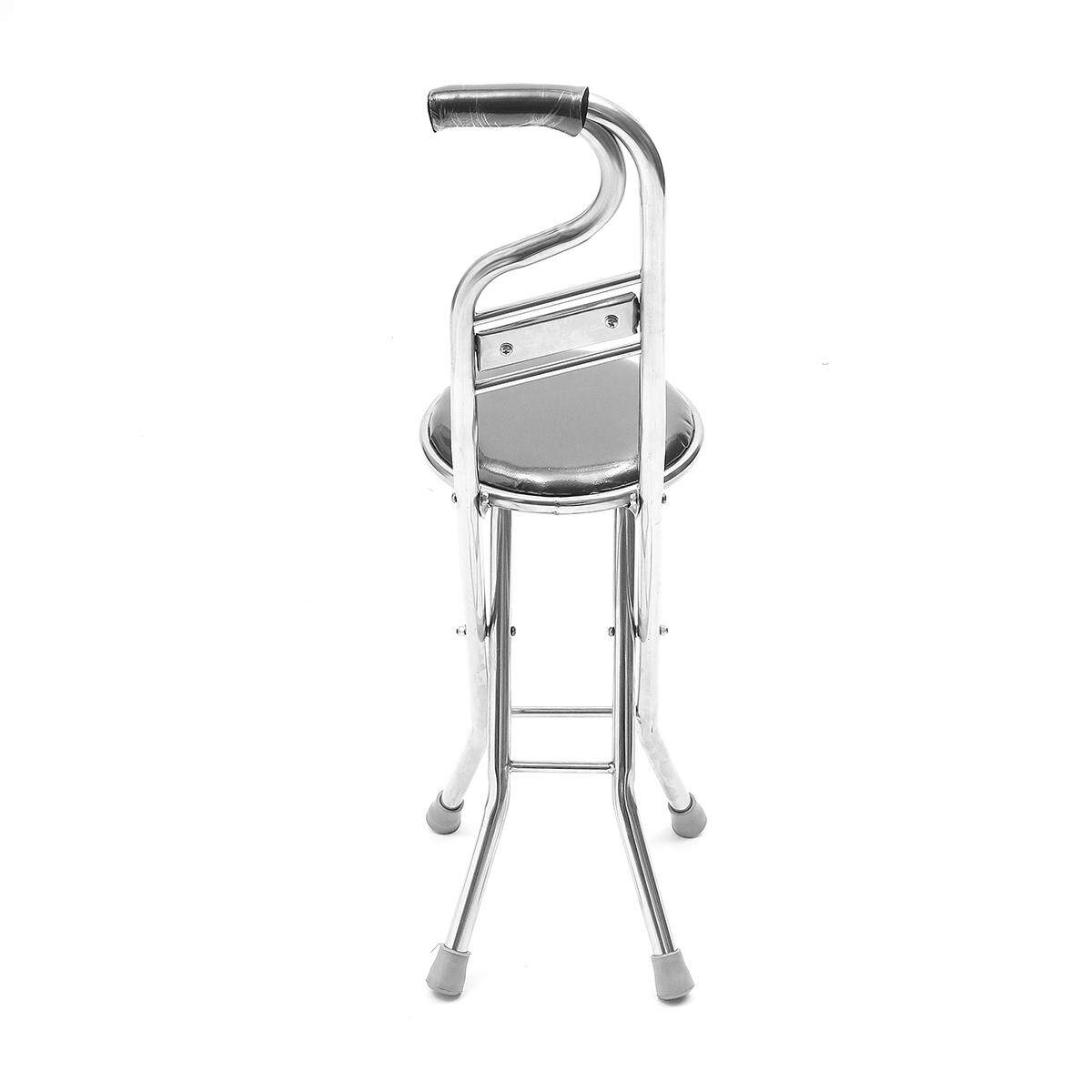 Stainless Steel Portable Folding Walking Stick Chair Seat Stool Travel Cane # Black