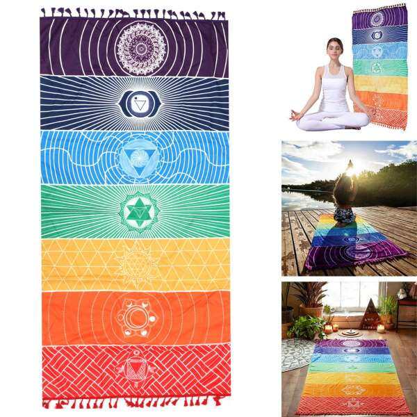 59\" Rainbow Chakra Tapestry Stripe Towel Yoga Beach Mat Sunscreen Shawl Blanket - intl