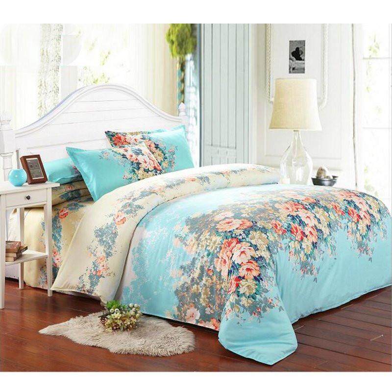 Blue Flower Single Double Queen King Size Bed Set Pillowcase Quilt Duvet Cover