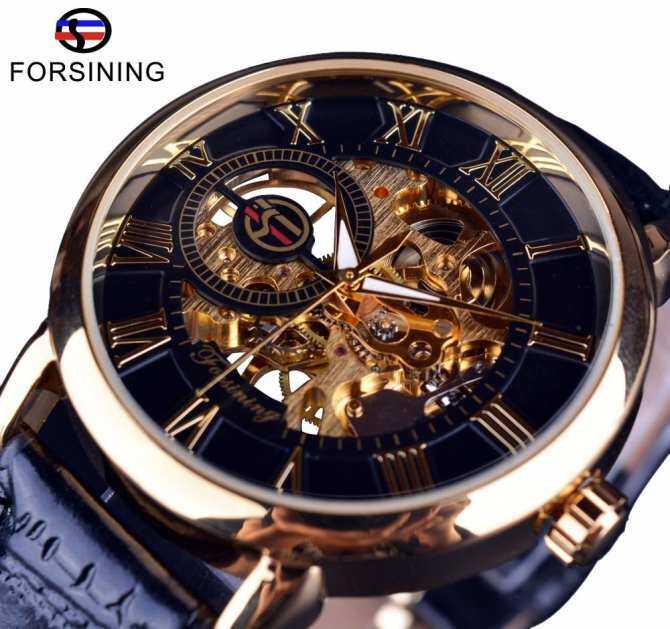 Forsining Đồng hồ nam Đồng hồ mặt số màu đen số la mã Thiết kế chữ 3D vàng đen sang trọng thương hiệu hàng đầu đồng hồ