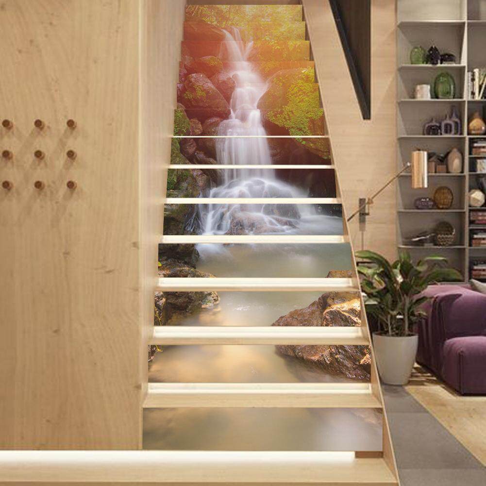 (Giao hàng）13pcs/set 3D Sunshine Waterfall Stairway Stickers Wall Home Decor Decals(Antique White)