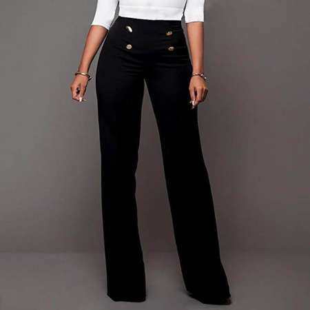 Amart แฟชั่นเกาหลีกางเกงผู้หญิงทรงเอวสูงแบบตรงขากว้างกางเกงขายาวสีทึบ - INTL