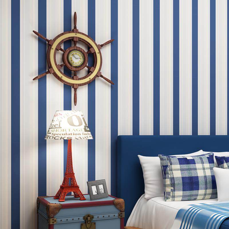 Modern Minimalist Non-woven Self-adhesive Wallpaper Mediterranean Blue Vertical Stripes Wallpaper for Boys Bedroom Children's Room 3*0.53m