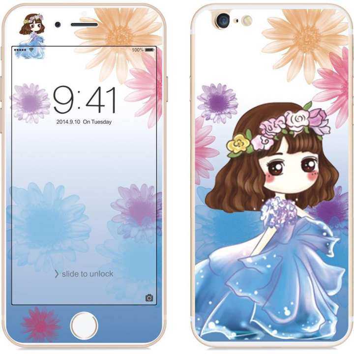 QM untuk iPhone 6/6 S 2.5D Ujung Lengkung Kartun Bunga Gaya Peri Depan & Belakang Colorful Penuh Tempered Glass Protektif Film Spesifikasi: iPhone 6/6 S