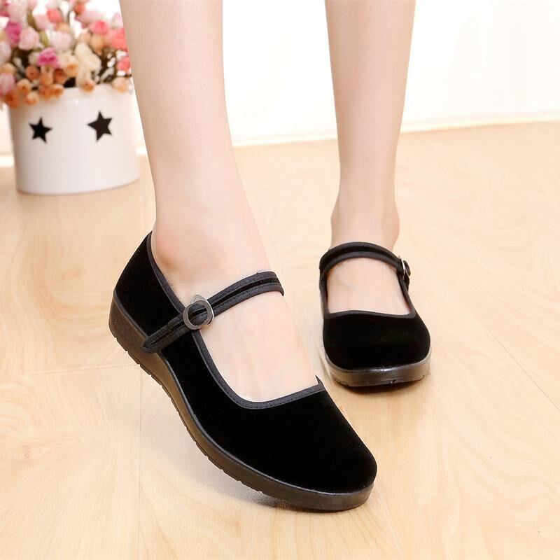 New Women Lady Chinese Mary Jane Ballerina Work Velvet Shoes Cotton Sole Flats BLACK Glimmer