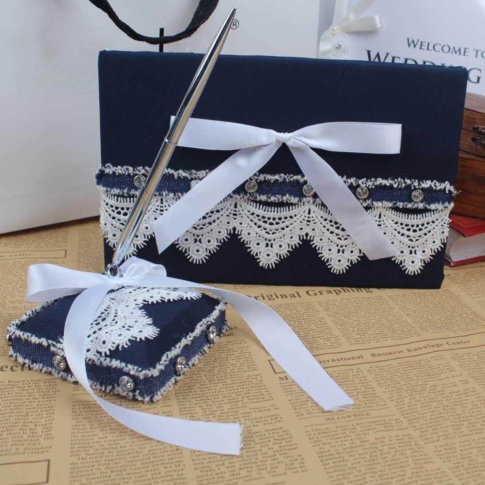 B-F 4Pcs/Set Wedding Ring Pillow Flower Basket Wedding Guest Book Pen Royal Blue Decorations - intl