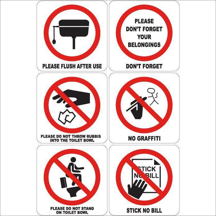 TOILET PVC SIGNS STICKER SET OF 6 S 76X76MM PLEASE FLUSH AFTER USE 