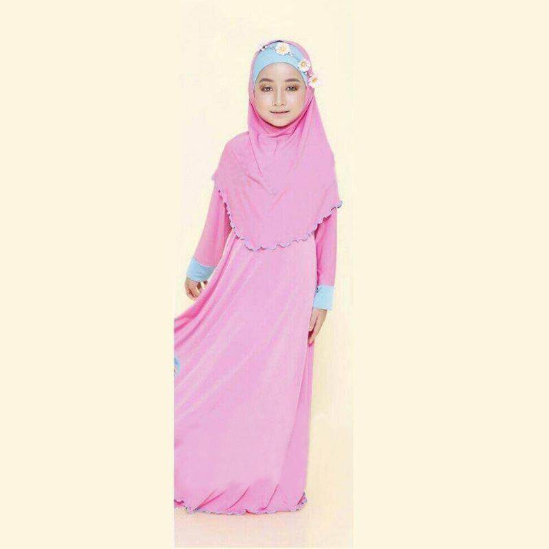 Anak-anak Muslim Ethnic Dress Jilbab Set Gaun Kasual Gadis-Intl
