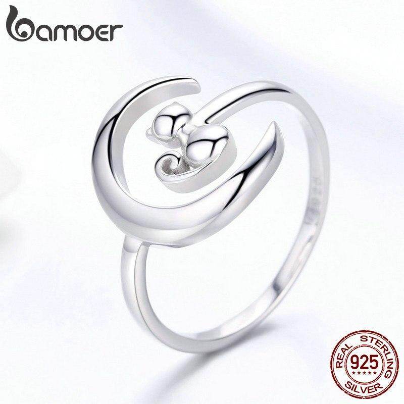 BAMOER Free Shpping October Authentic 925 Sterling Silver Moon Cat Open Size Adjustable Finger Rings for Women Wedding Engagement Jewelry SCR451