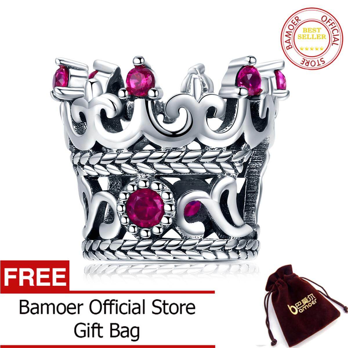 BAMOER Free Shpping Crazy Sale Trendy 925 Sterling Silver August  Queen's Crown Pink CZ Crystal Charm Beads Fit Women Bracelets Bangle DIY Jewelry Making SCC776