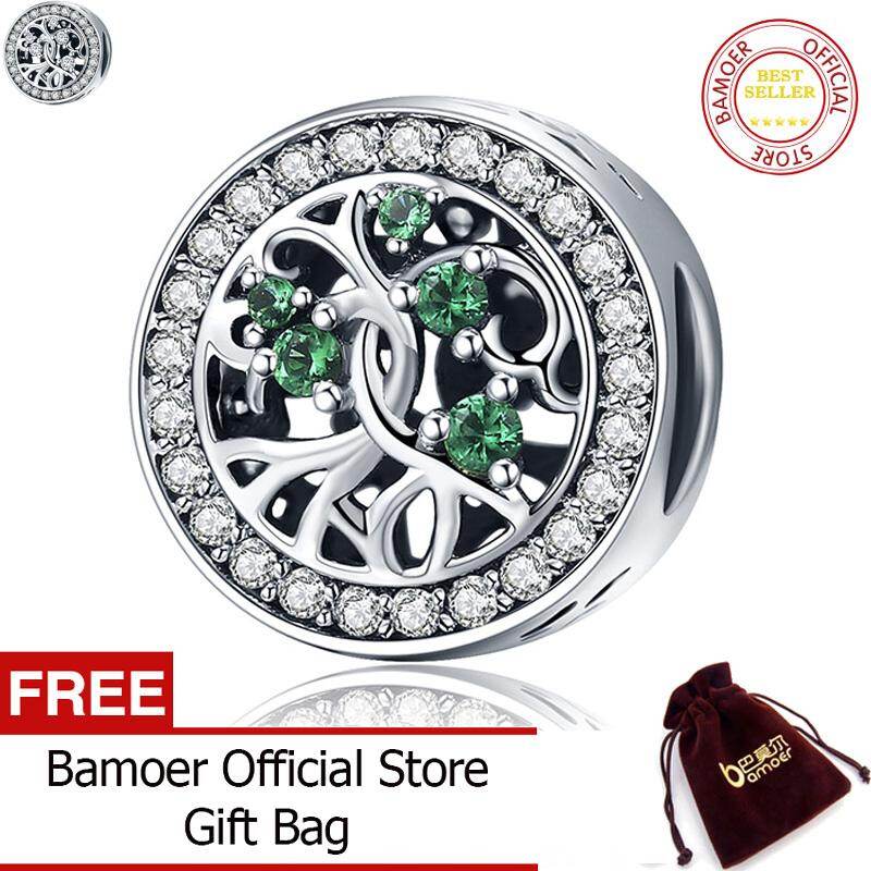 BAMOER Free Shpping Genuine 925 Sterling Silver 2 Color Tree Of Life Beads Green CZ Charm fit Women Bracelets DIY Jewelry Gift SCC179