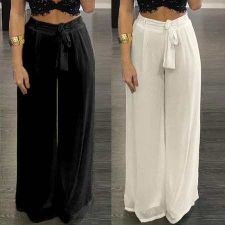 ZANZEA ผู้หญิงชีฟองสูงเอว Palazzo กางเกงขากว้างหลวมสบายๆยาวกางเกงสีขาว - นานาชาติ