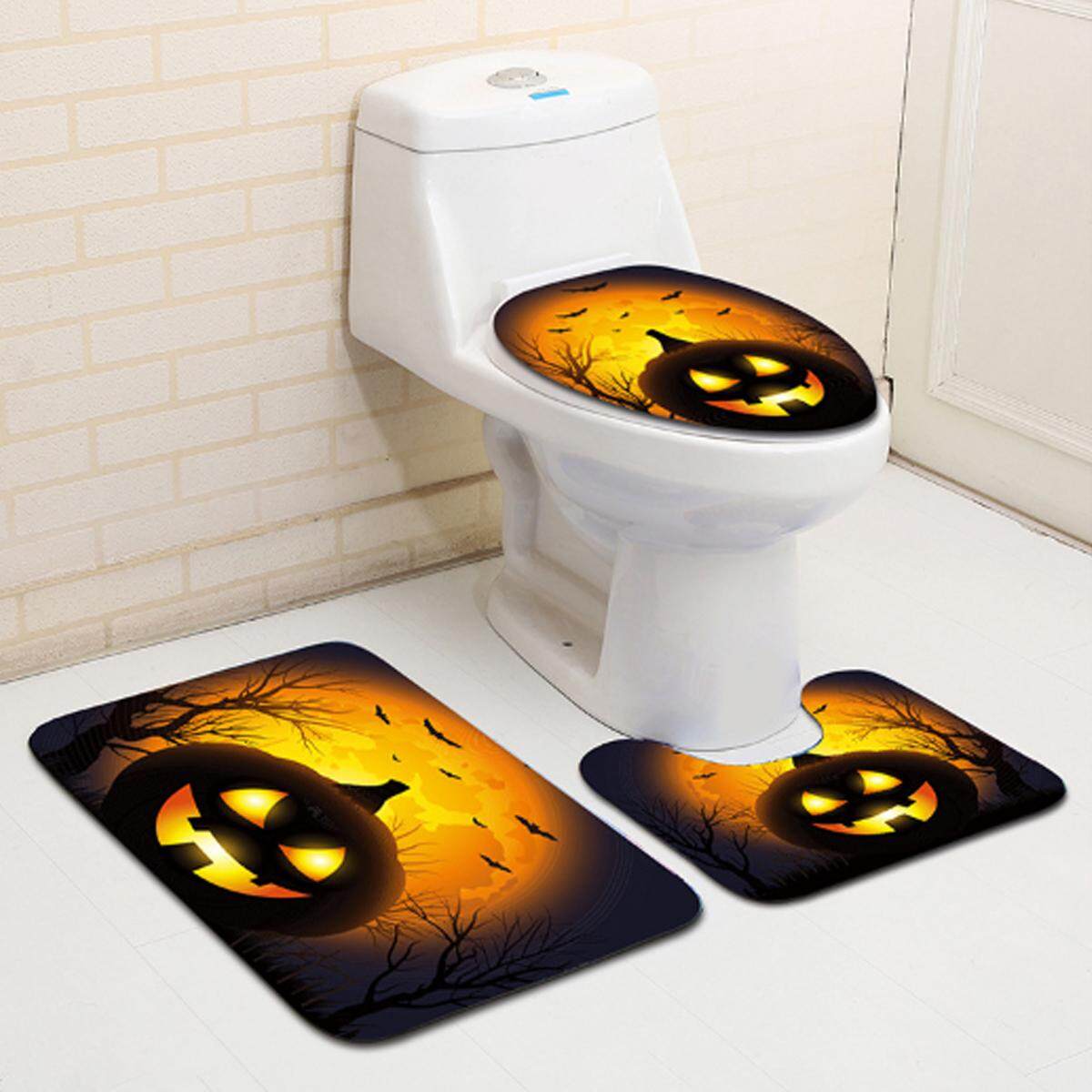 3 cái Bí Ngô Halloween Lồng Đèn Dơi Muỗi Phù Thủy chống trơn trượt Nhà Tắm Nắp Bồn Cầu Bao Thảm