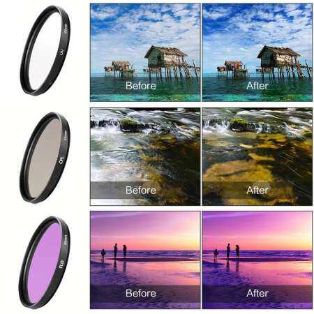 52/55/58/62/67/72/77/85mm 8 in 1 Filter Kit (UV+CPL+FLD)/Nylon Carry Pouch/Lens Cap/Lens Cap Holder/Lens Hood/Lens Cleaning Cloth