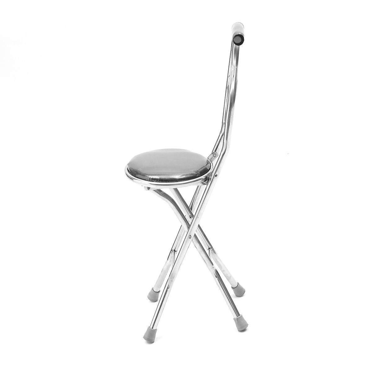 Stainless Steel Portable Folding Walking Stick Chair Seat Stool Travel Cane # Black