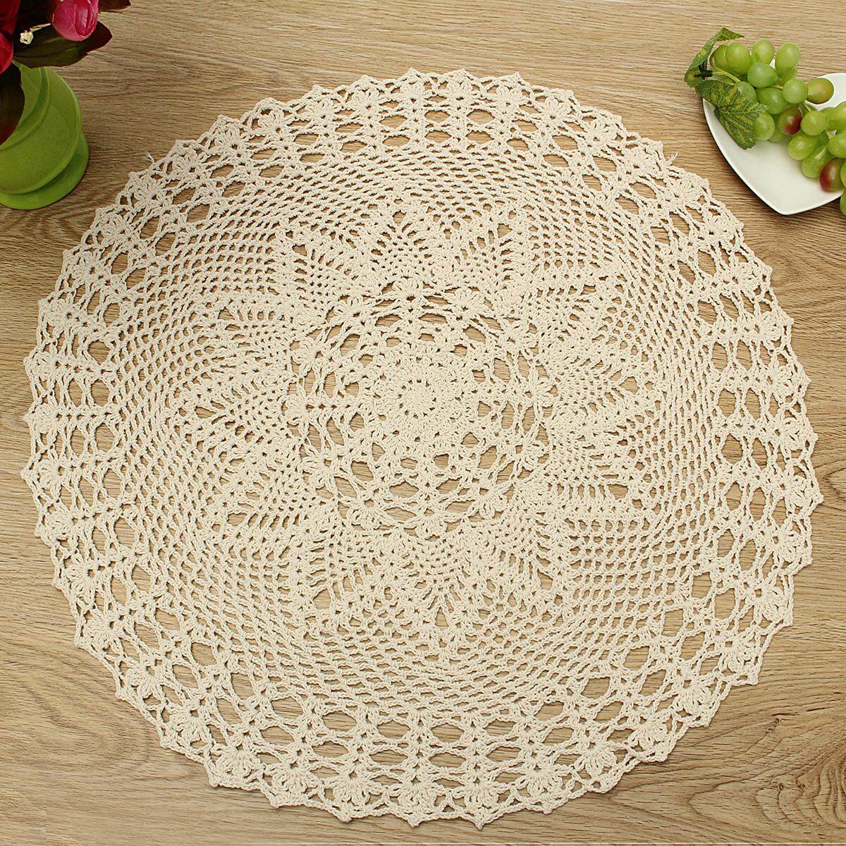 5PCS Hand Crochet Lace Doily Placemat Table Cloth Cotton Round 58CM White/Ecru#Beige