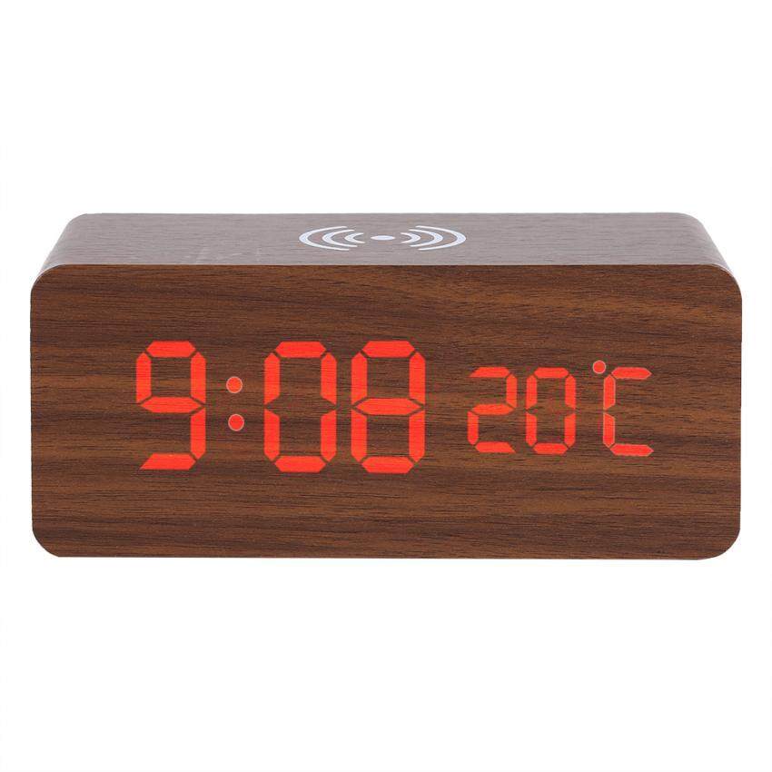 epayst  Wooden Digital Alarm Clock Voice Control Temperature Wireless Charger for Phone (Brown)